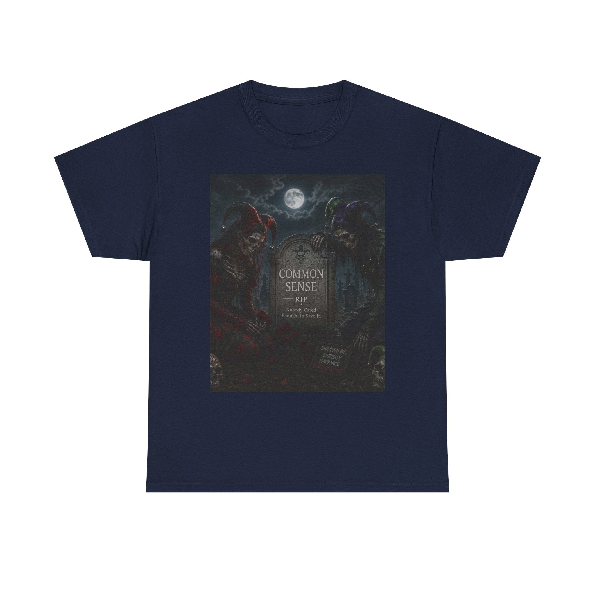 "Common Sense" Gothic Moon Dark Humor Graphic T-Shirt | Skeleton Jester