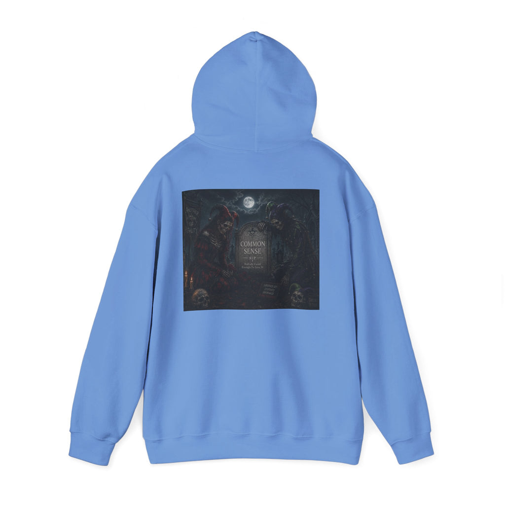 Sarcasm & Caution Hoodie — 'End of Common Sense' Skeleton Jester Duo Graphic Pullover