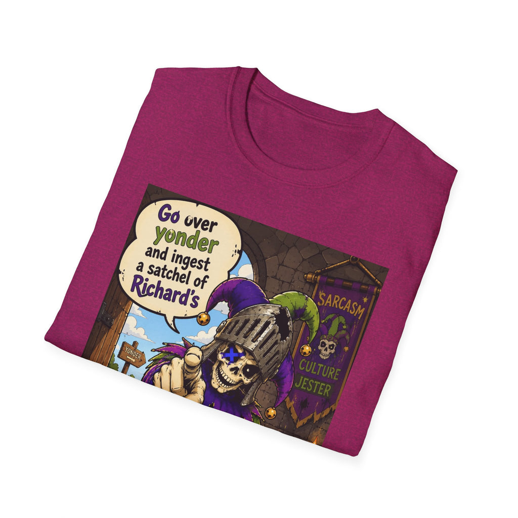 Funny Medieval Skeleton T‑Shirt – 'Go over yonder and ingest a satchel of Richard's' Graphic Tee