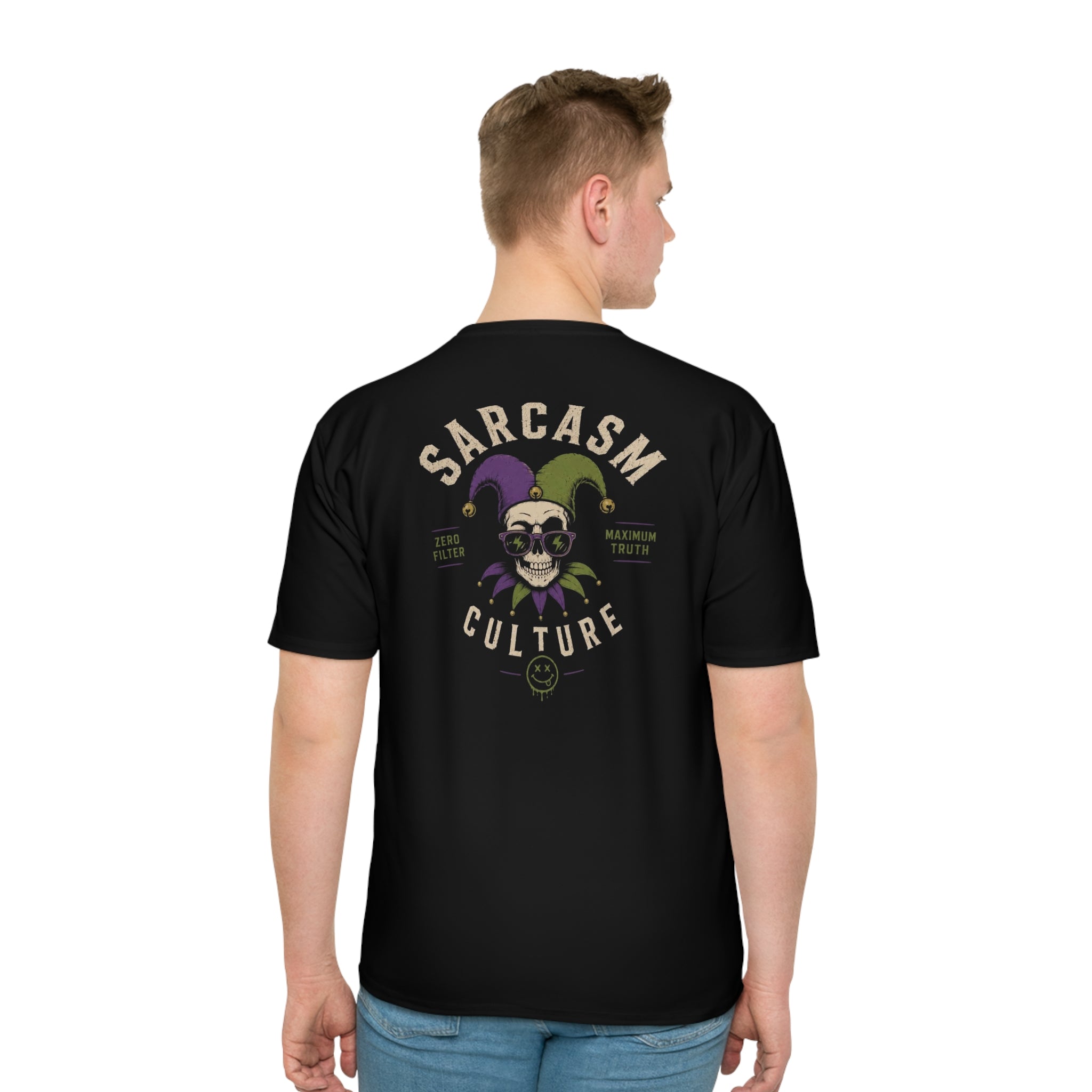 Sarcasm Culture Skull Jester T-Shirt — All-Over Print Dark Humor Graphic Tee