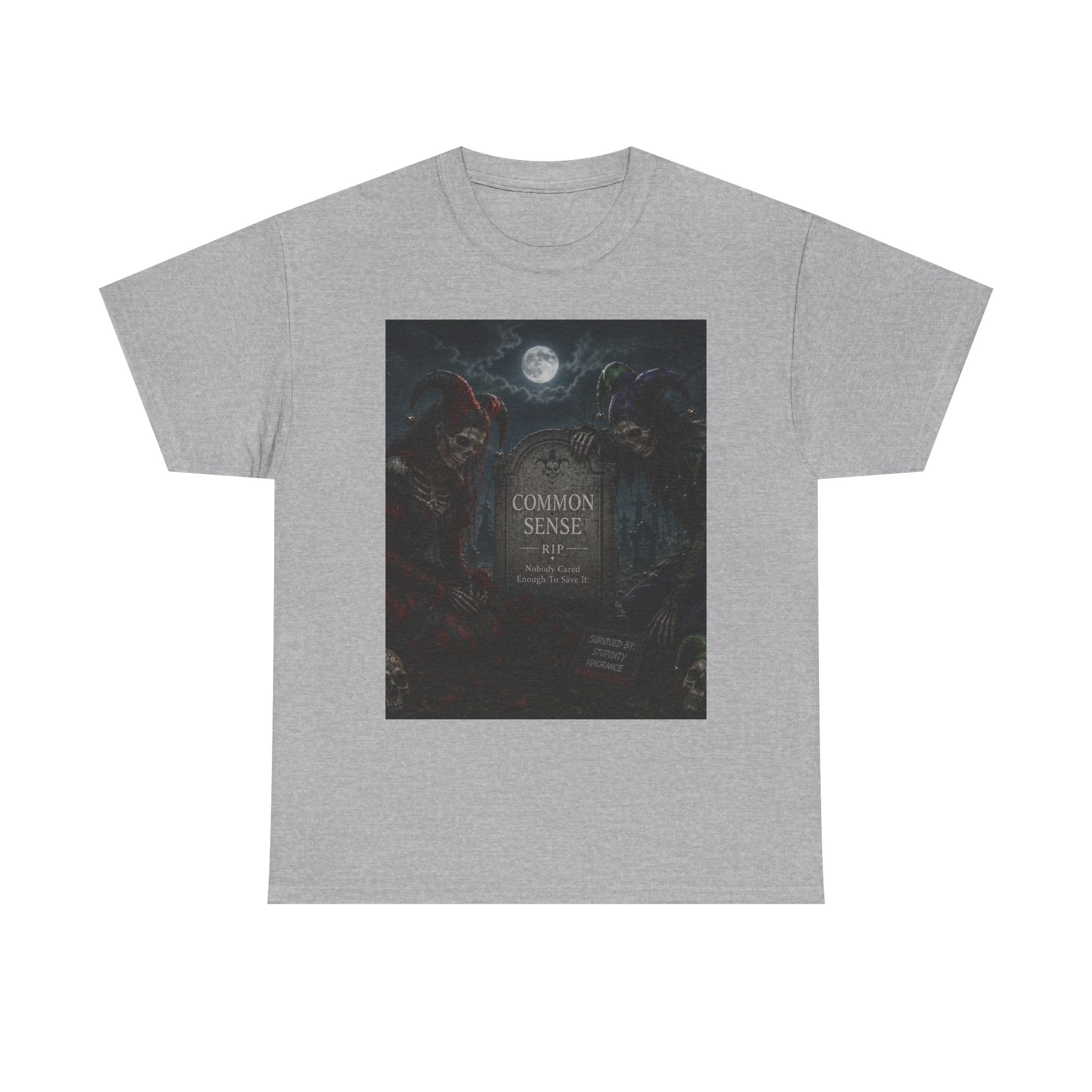 "Common Sense" Gothic Moon Dark Humor Graphic T-Shirt | Skeleton Jester