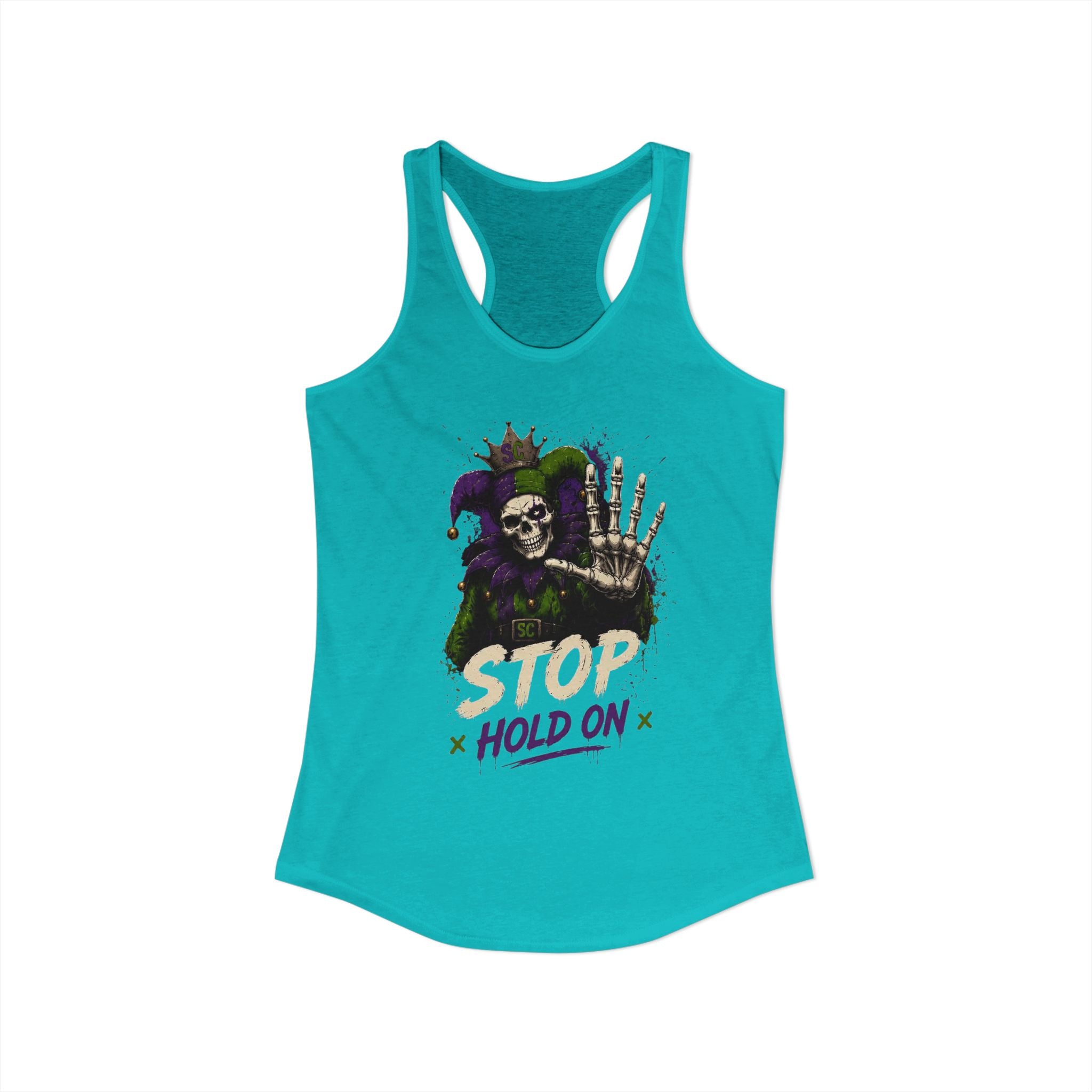 Stop Hold On Racerback Tank — 'OK Now Talk' Jester Graphic Women's Tank Top