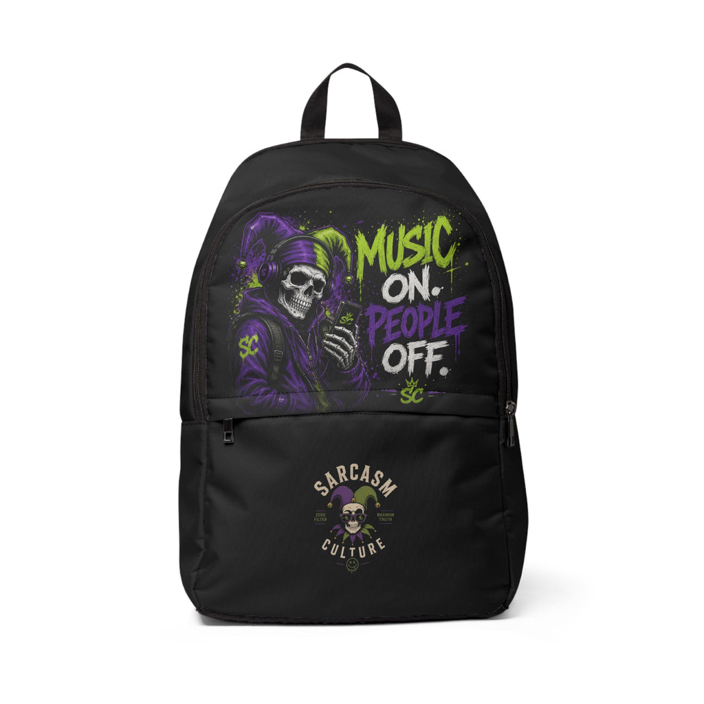 Backpack — "Music On. People Off." Skull Reaper Graphic
