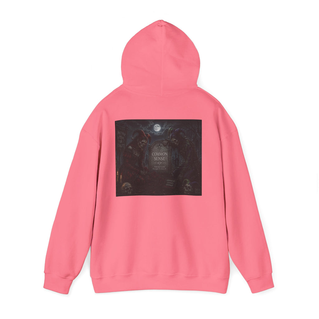 Sarcasm & Caution Hoodie — 'End of Common Sense' Skeleton Jester Duo Graphic Pullover