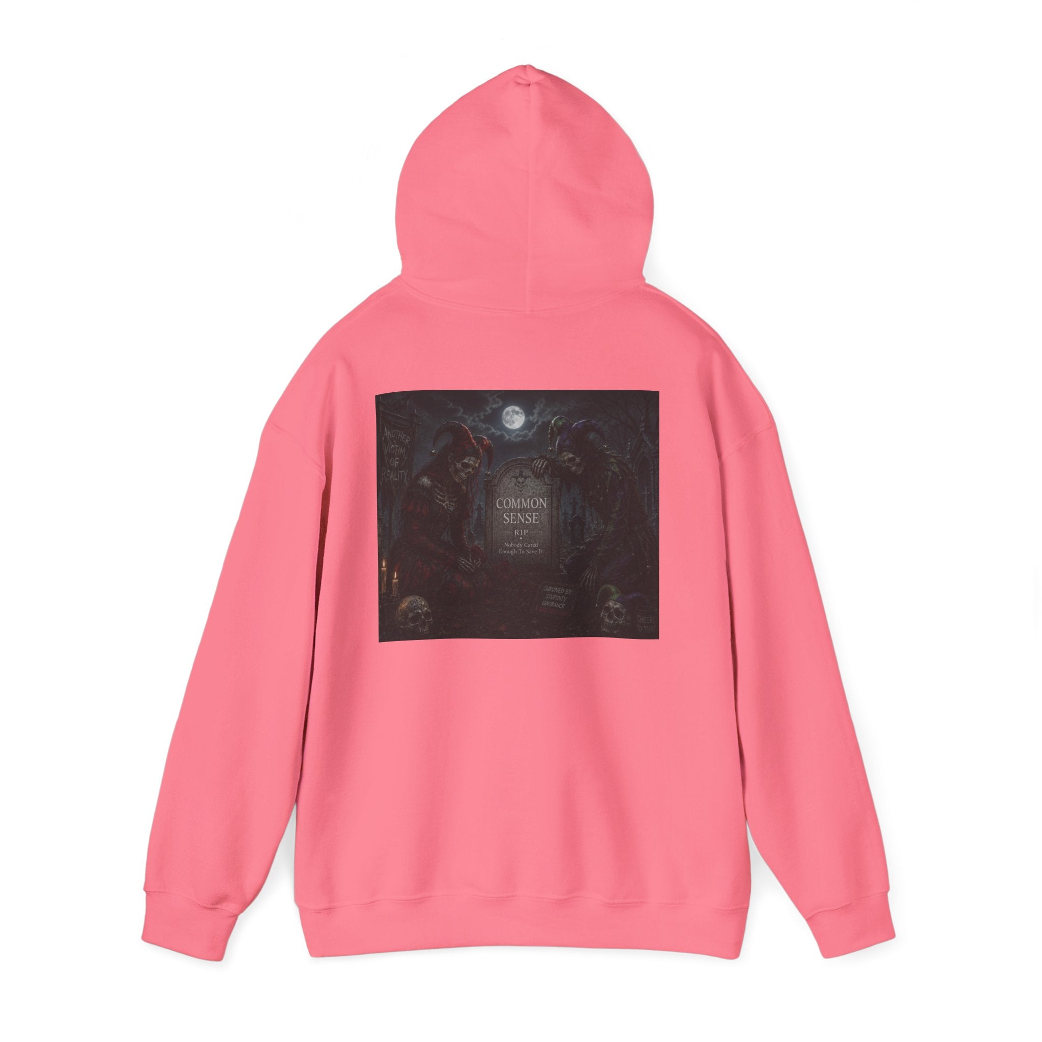 Sarcasm & Caution Hoodie — 'End of Common Sense' Skeleton Jester Duo Graphic Pullover