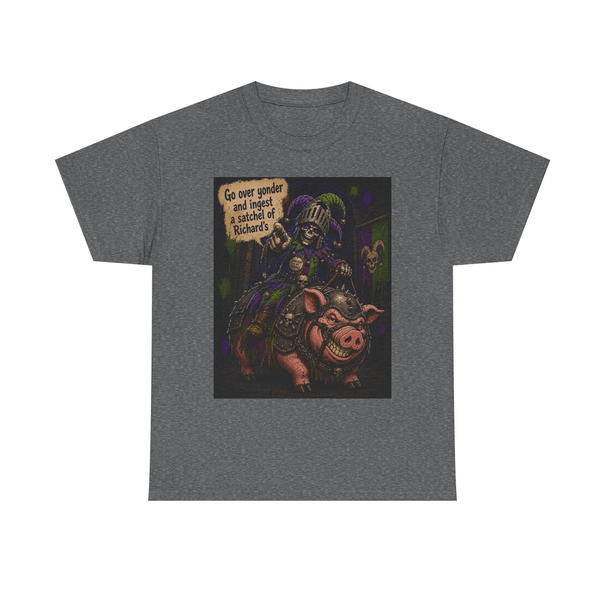 "Go Over Yonder & Ingest a School of Richards" Fantasy Skeleton Knight Riding Pig Dark Humor Graphic T-Shirt