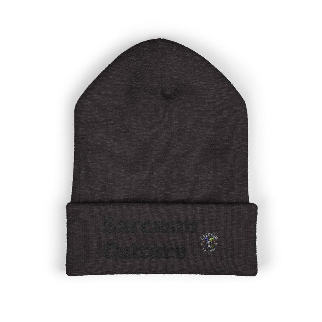 Sarcasm Culture Embroidered Cuffed Beanie — Olive Knit Winter Hat