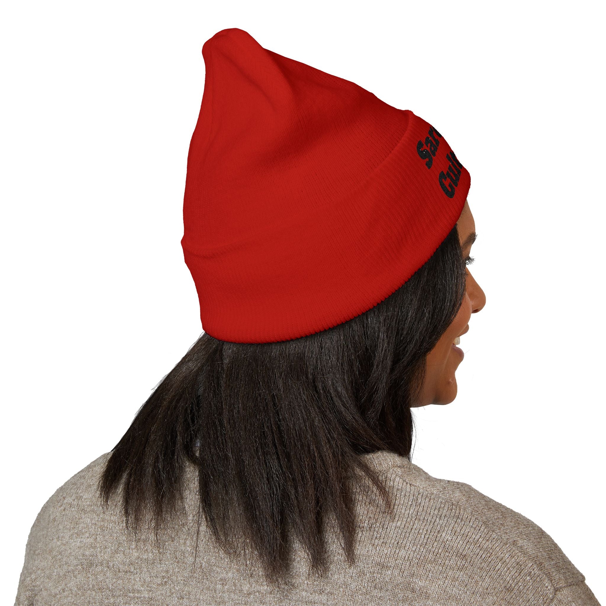 Sarcasm Culture Embroidered Cuffed Beanie — Olive Knit Winter Hat