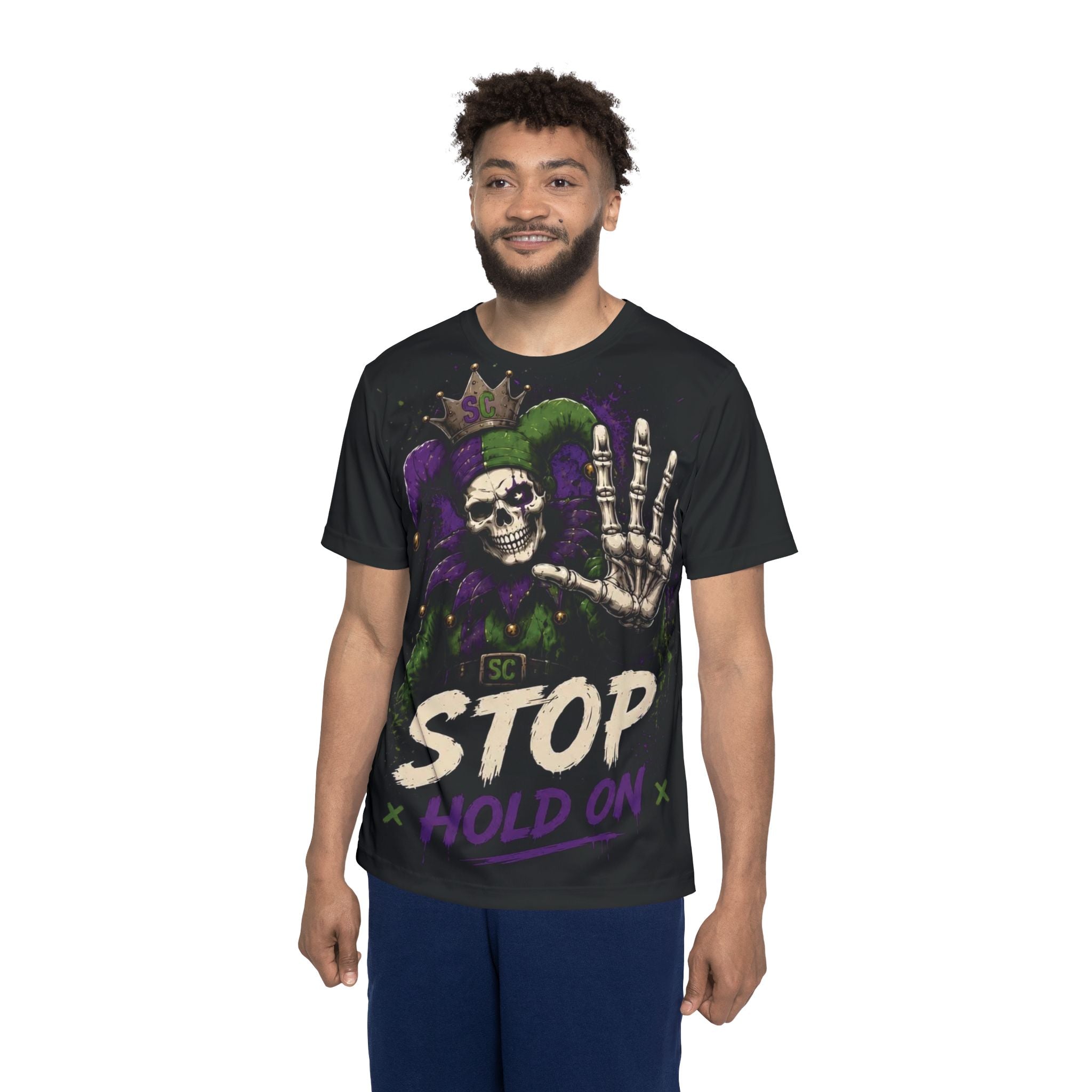 Stop Hold On Skull Jester Sports Jersey — "OK Now Talk" Graphic Tee