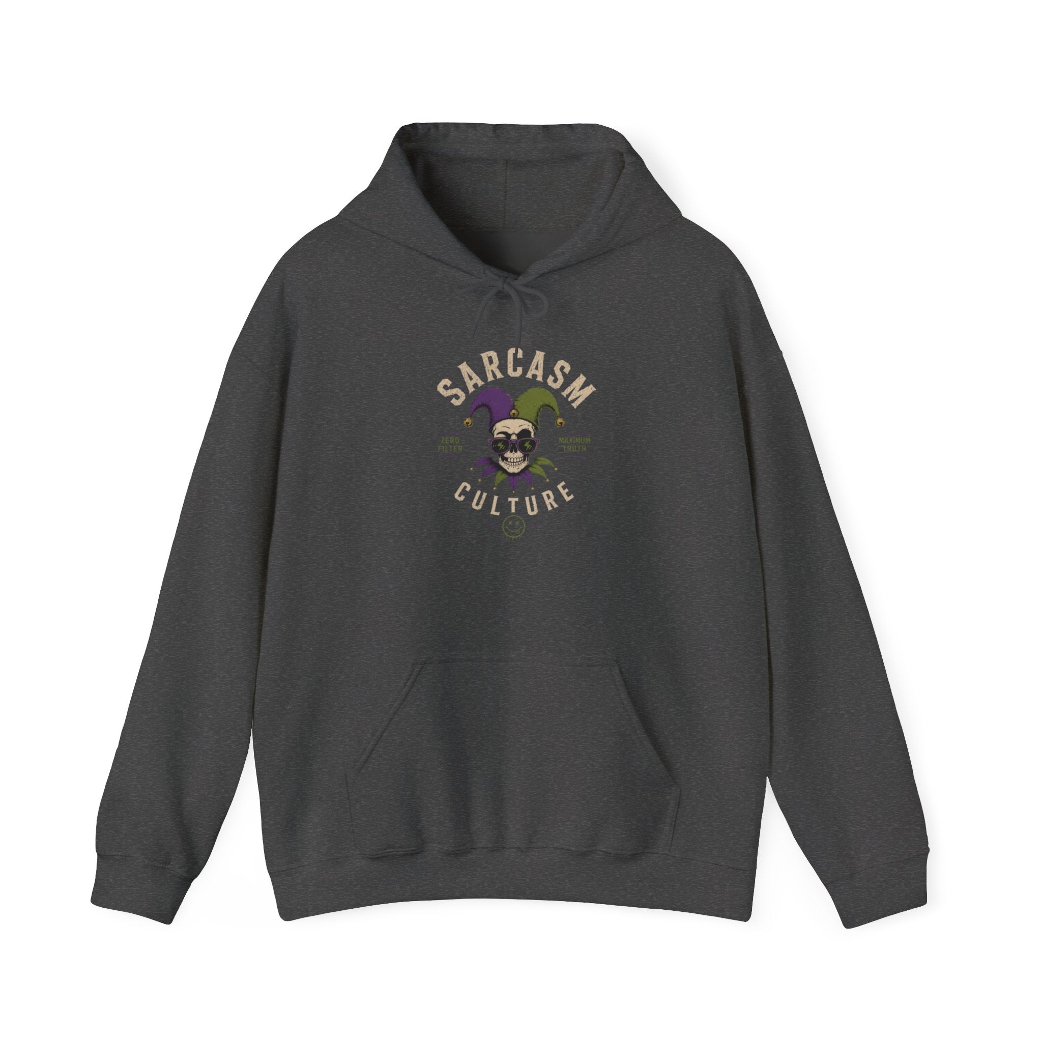 Sarcasm & Caffeine Hoodie — 'Keep Calm with Food and Coffee' Skeleton Jester Graphic Sweatshirt