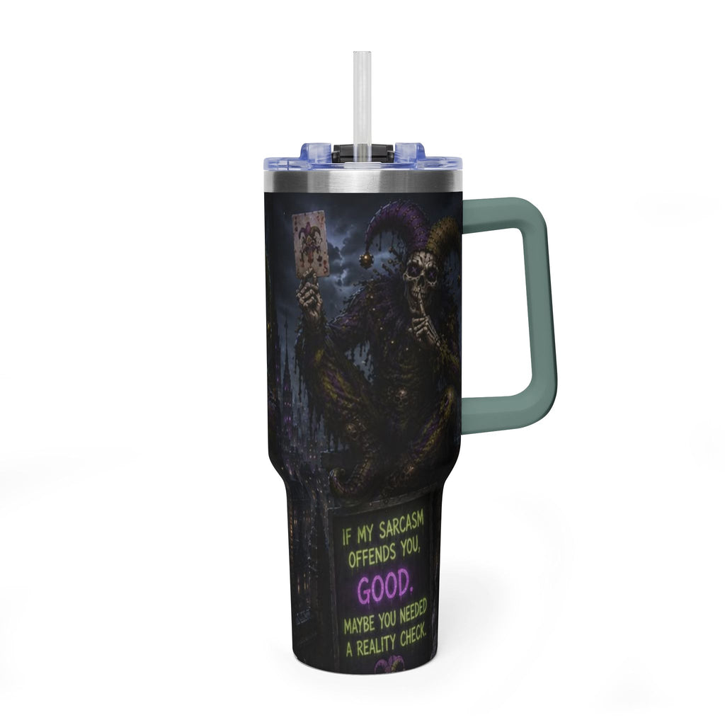 40oz The Skeleton Jester Tumbler — 'Another Day Without You Making Sense' Dark Humor Travel Mug
