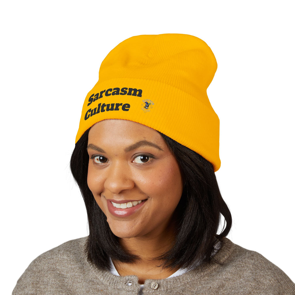 Sarcasm Culture Embroidered Cuffed Beanie — Olive Knit Winter Hat