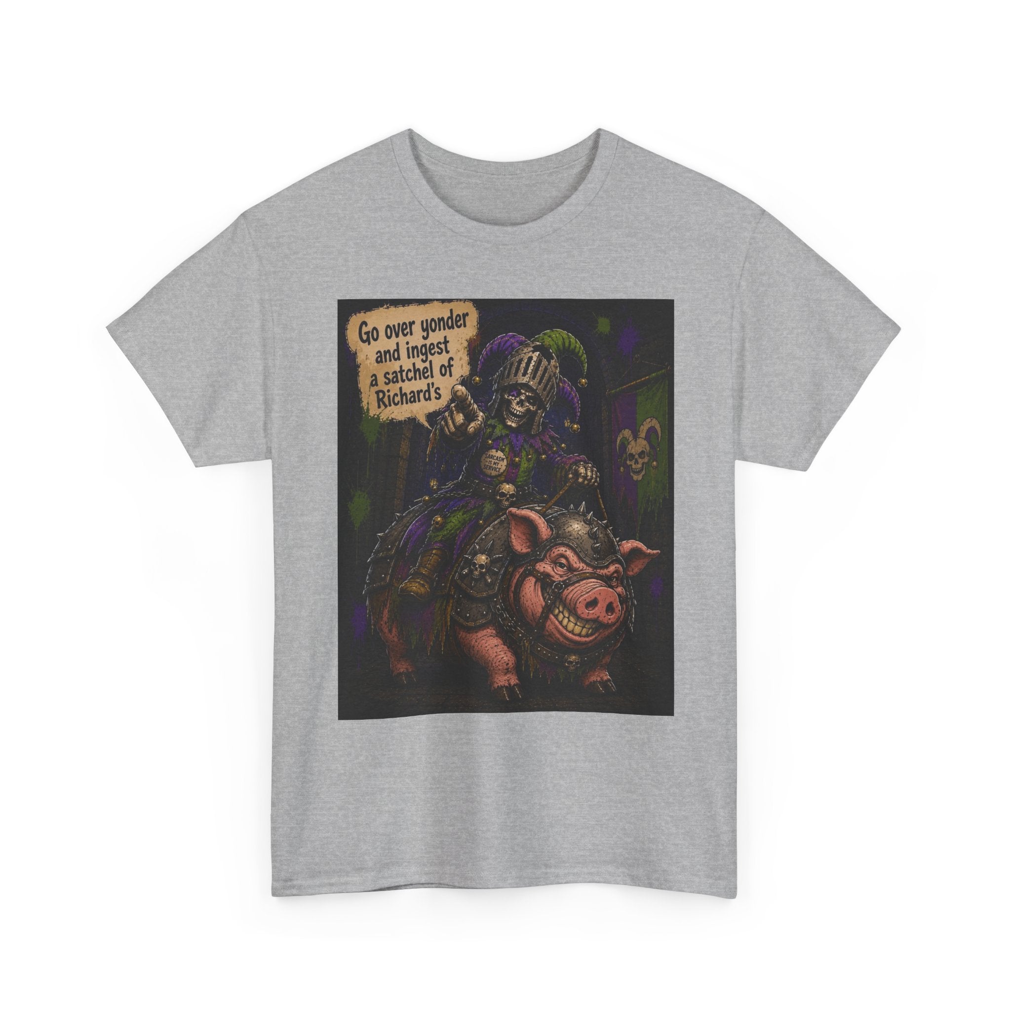 "Go Over Yonder & Ingest a School of Richards" Fantasy Skeleton Knight Riding Pig Dark Humor Graphic T-Shirt