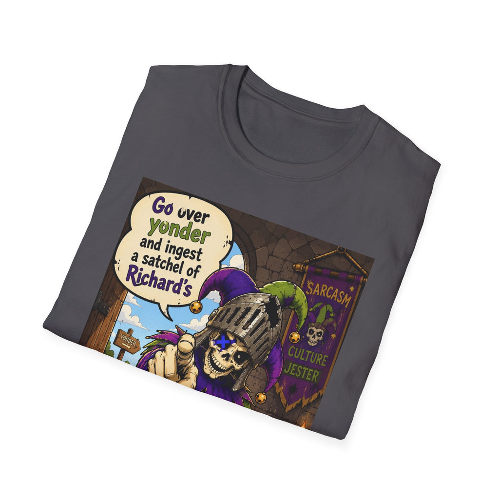 Funny Medieval Skeleton T‑Shirt – 'Go over yonder and ingest a satchel of Richard's' Graphic Tee
