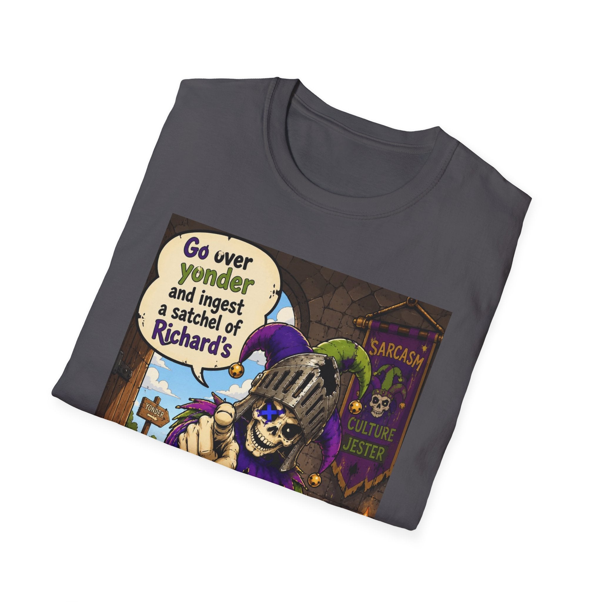 Funny Medieval Skeleton T‑Shirt – 'Go over yonder and ingest a satchel of Richard's' Graphic Tee
