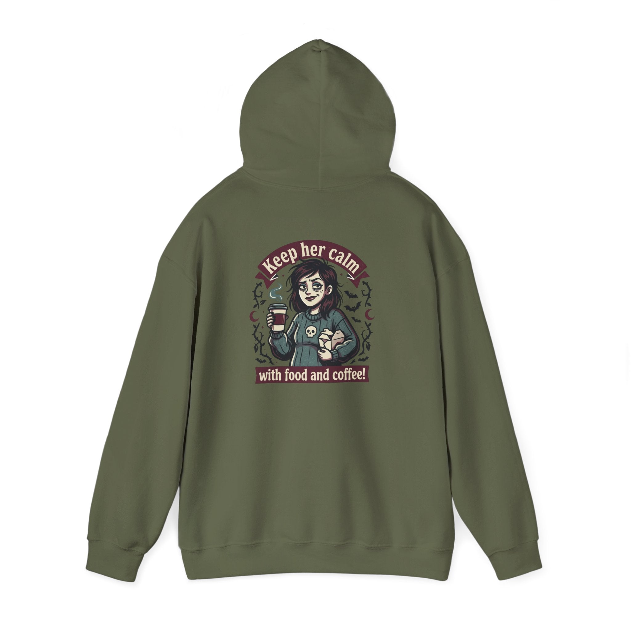 Sarcasm & Caffeine Hoodie — 'Keep Calm with Food and Coffee' Skeleton Jester Graphic Sweatshirt