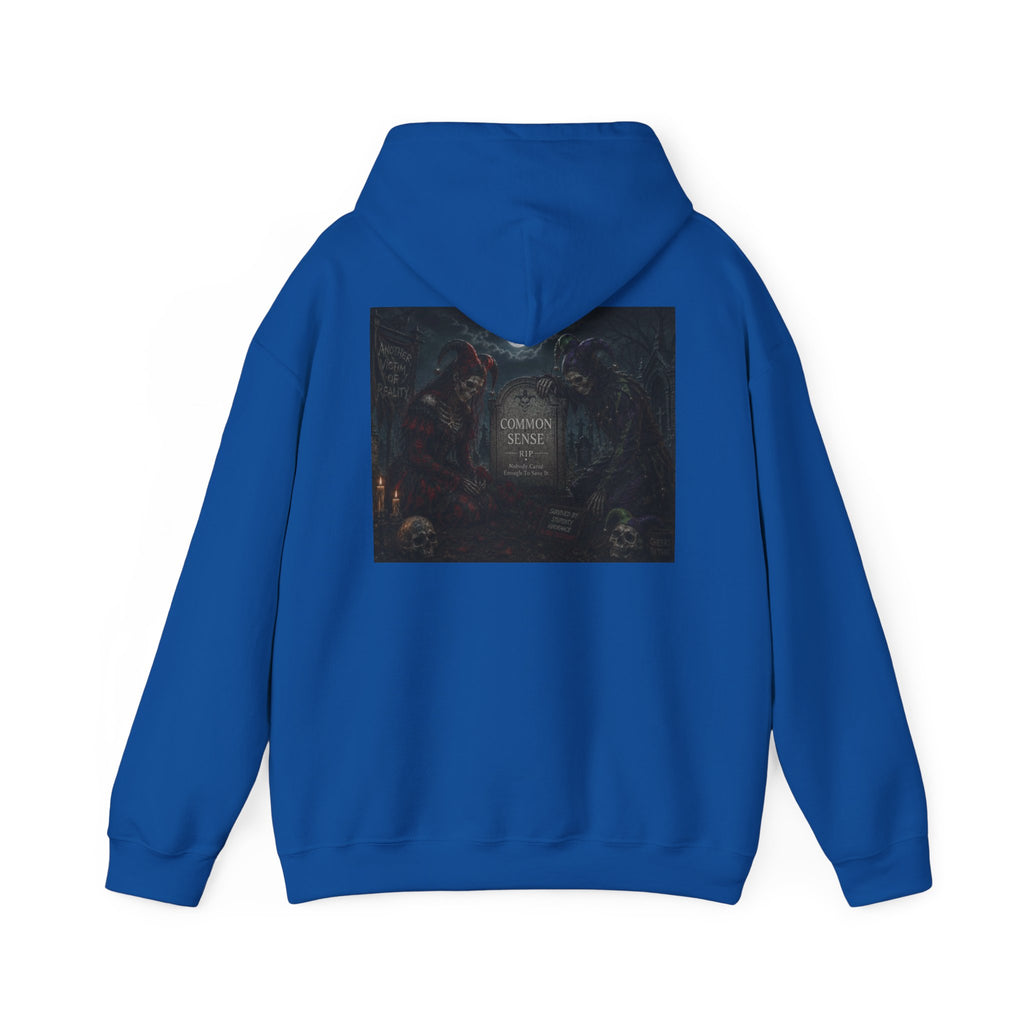 Sarcasm & Caution Hoodie — 'End of Common Sense' Skeleton Jester Duo Graphic Pullover