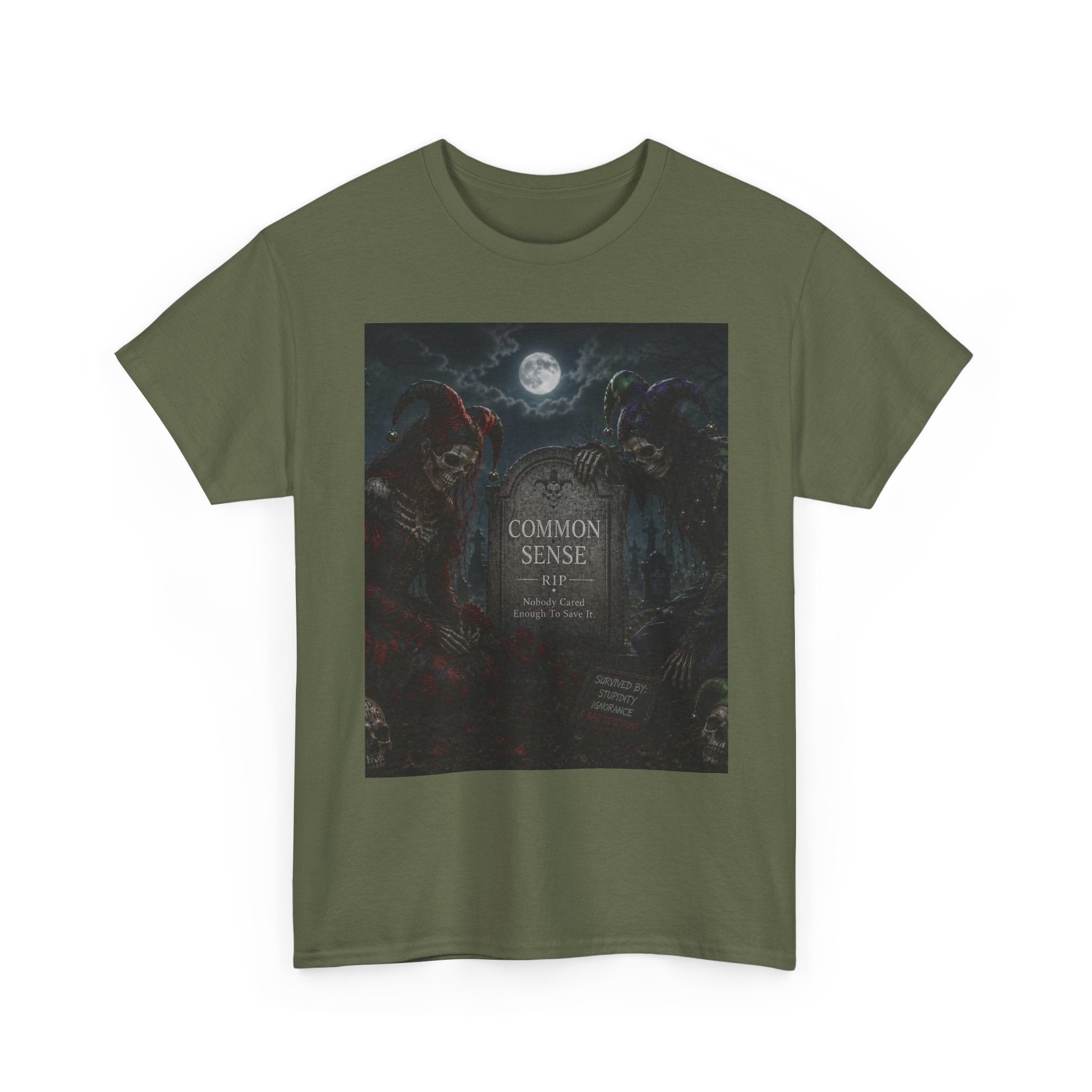 "Common Sense" Gothic Moon Dark Humor Graphic T-Shirt | Skeleton Jester