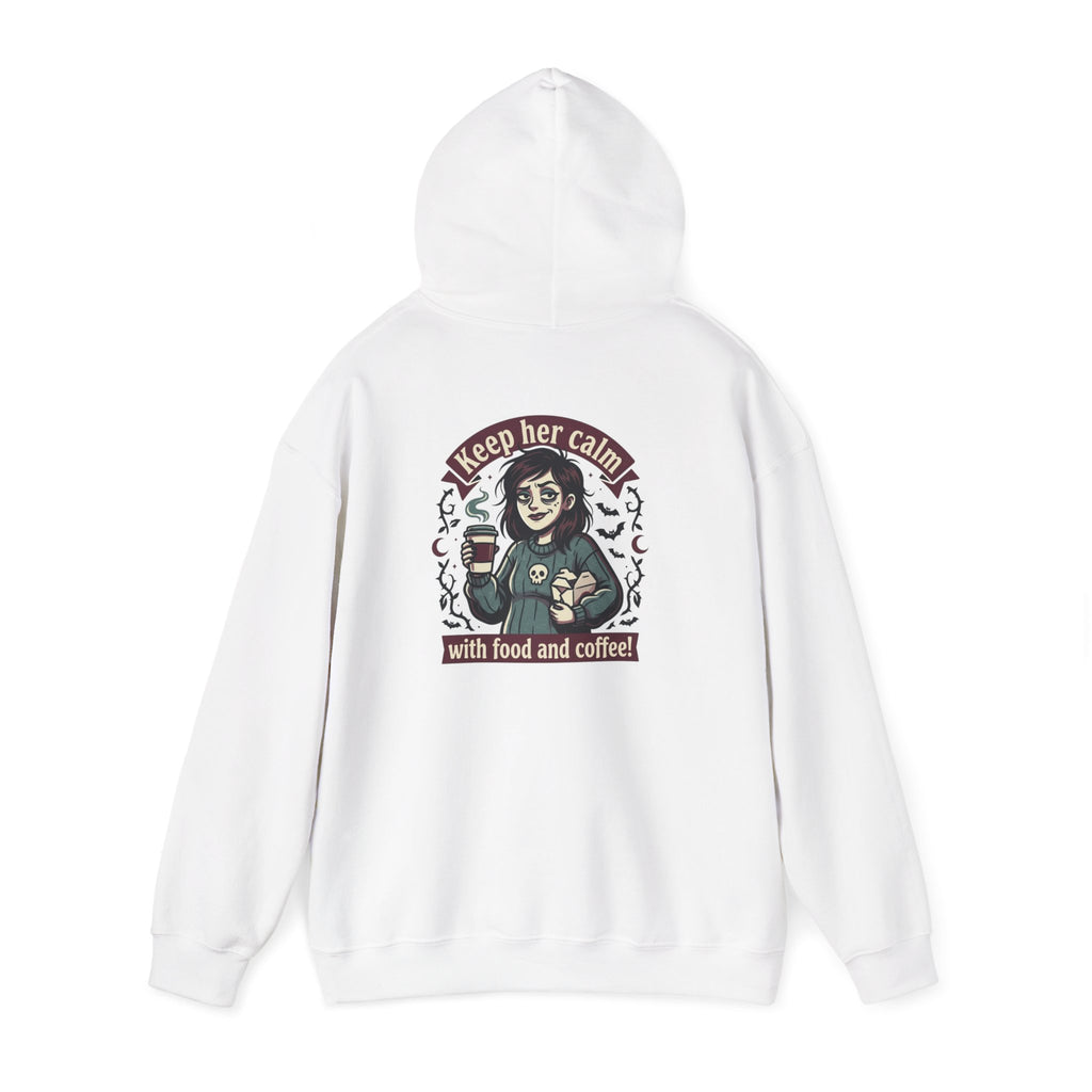 Sarcasm & Caffeine Hoodie — 'Keep Calm with Food and Coffee' Skeleton Jester Graphic Sweatshirt