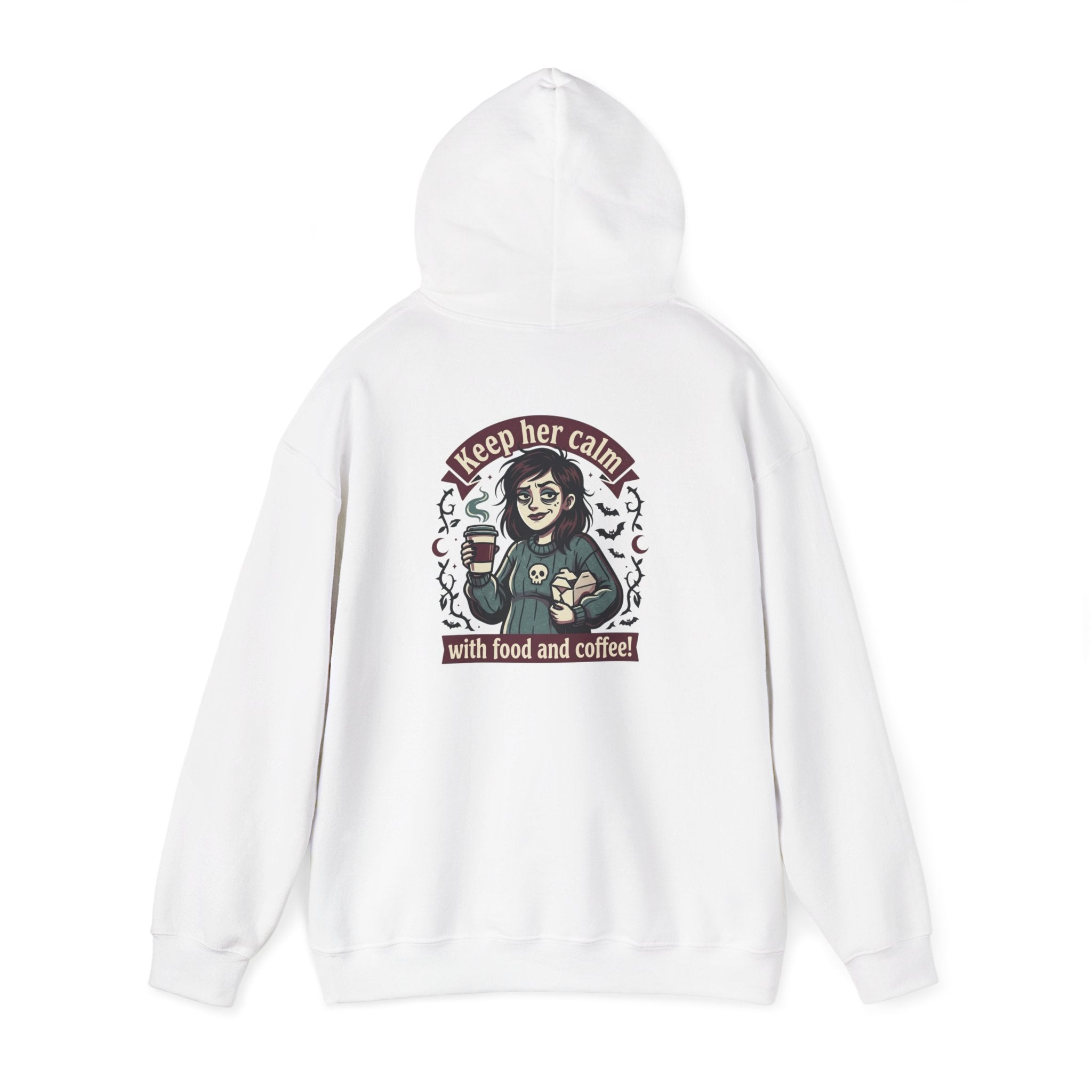 Sarcasm & Caffeine Hoodie — 'Keep Calm with Food and Coffee' Skeleton Jester Graphic Sweatshirt