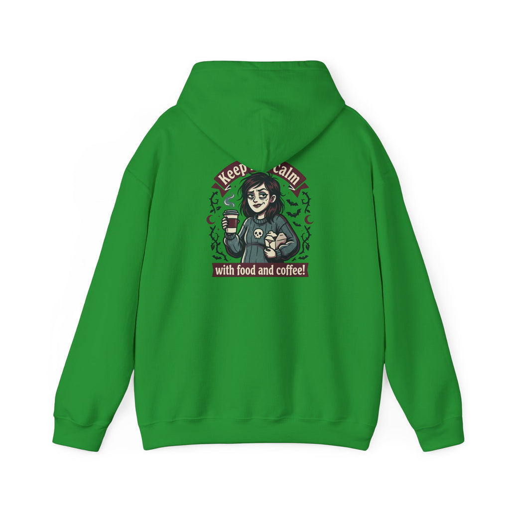 Sarcasm & Caffeine Hoodie — 'Keep Calm with Food and Coffee' Skeleton Jester Graphic Sweatshirt