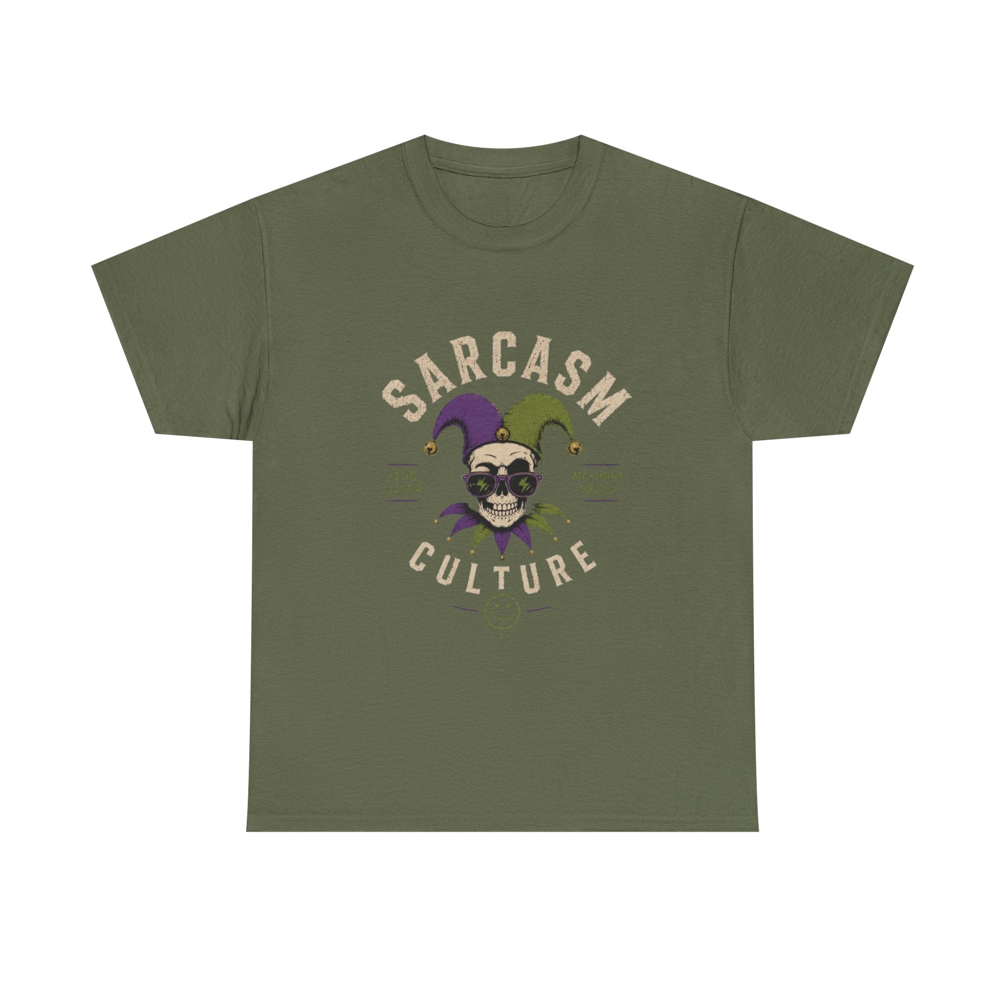 Sarcasm Culture Jester Tee — Skeleton Jester Emblem Dark Humor Graphic T-Shirt