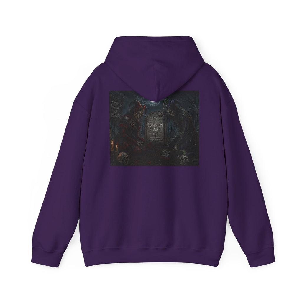 Sarcasm & Caution Hoodie — 'End of Common Sense' Skeleton Jester Duo Graphic Pullover