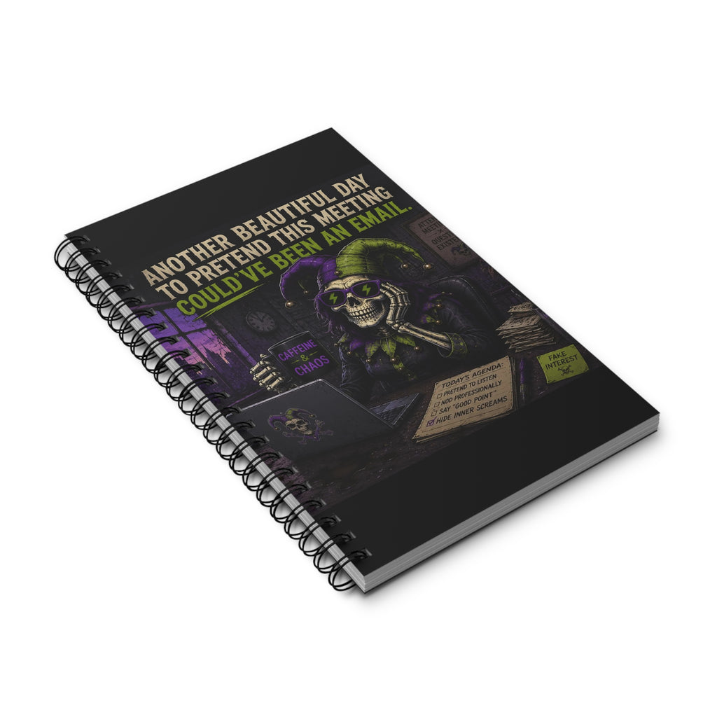 Spiral Journal — "Another Beautiful Day to Pretend This Meeting Could've Been an Email" Skeletal Jester Office Notebook
