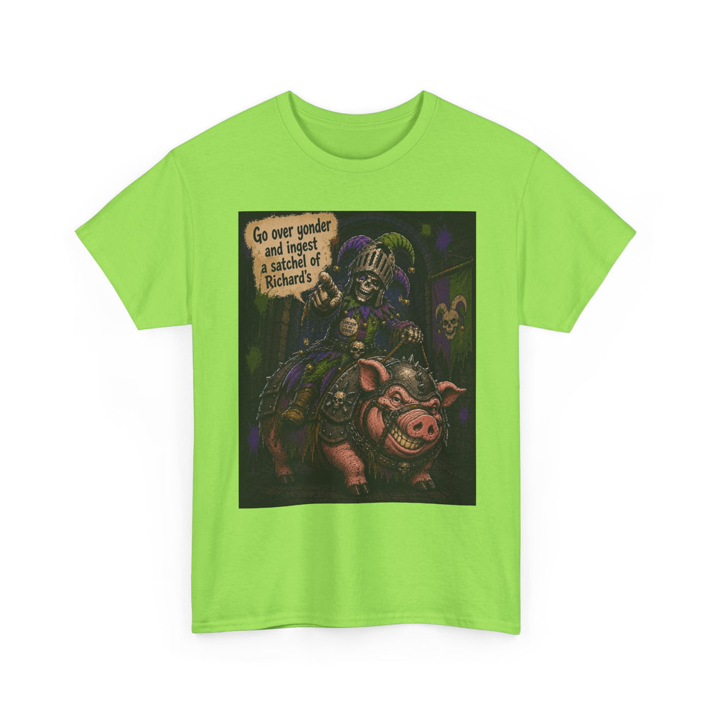 "Go Over Yonder & Ingest a School of Richards" Fantasy Skeleton Knight Riding Pig Dark Humor Graphic T-Shirt