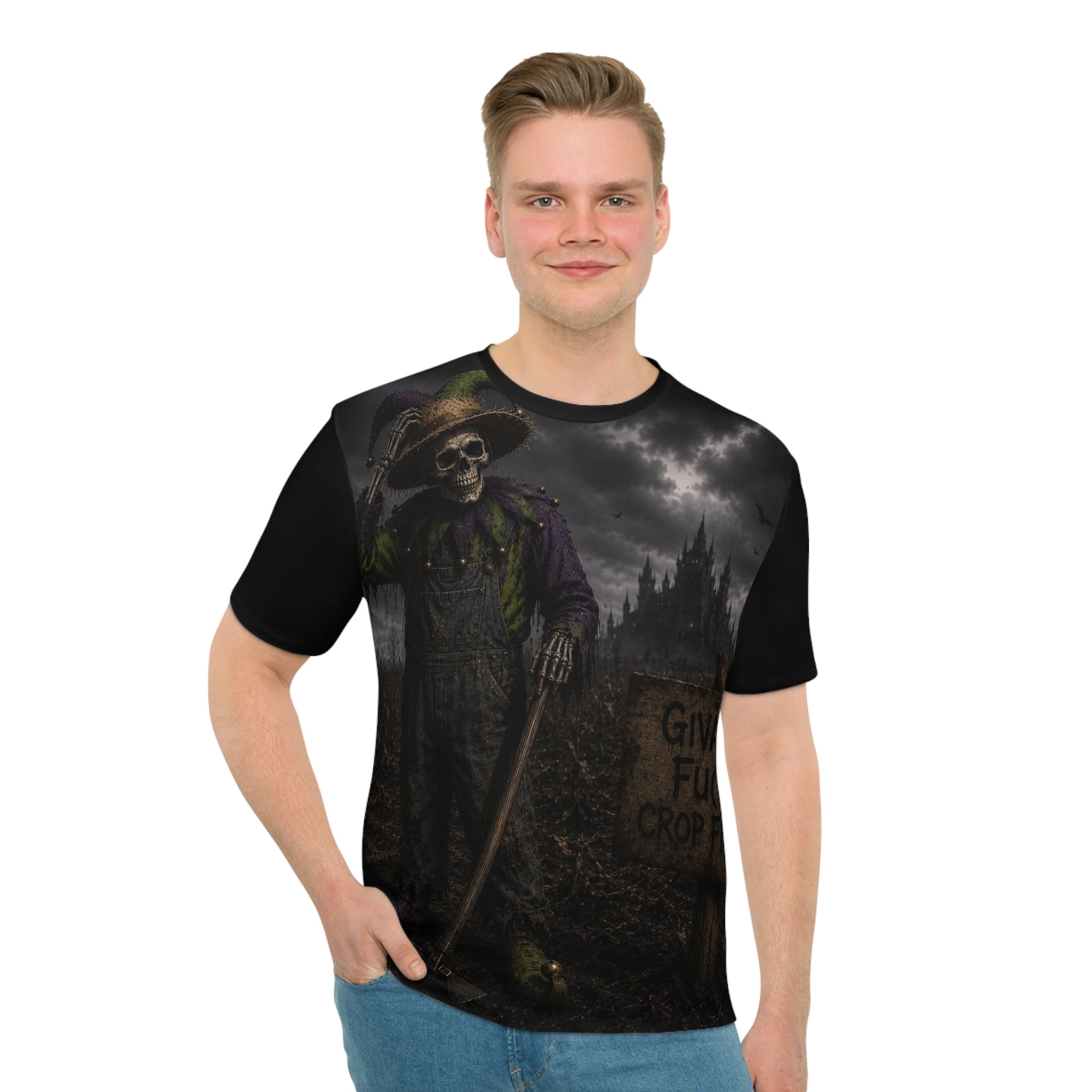 Sarcasm Culture Skull Jester T-Shirt — All-Over Print Dark Humor Graphic Tee