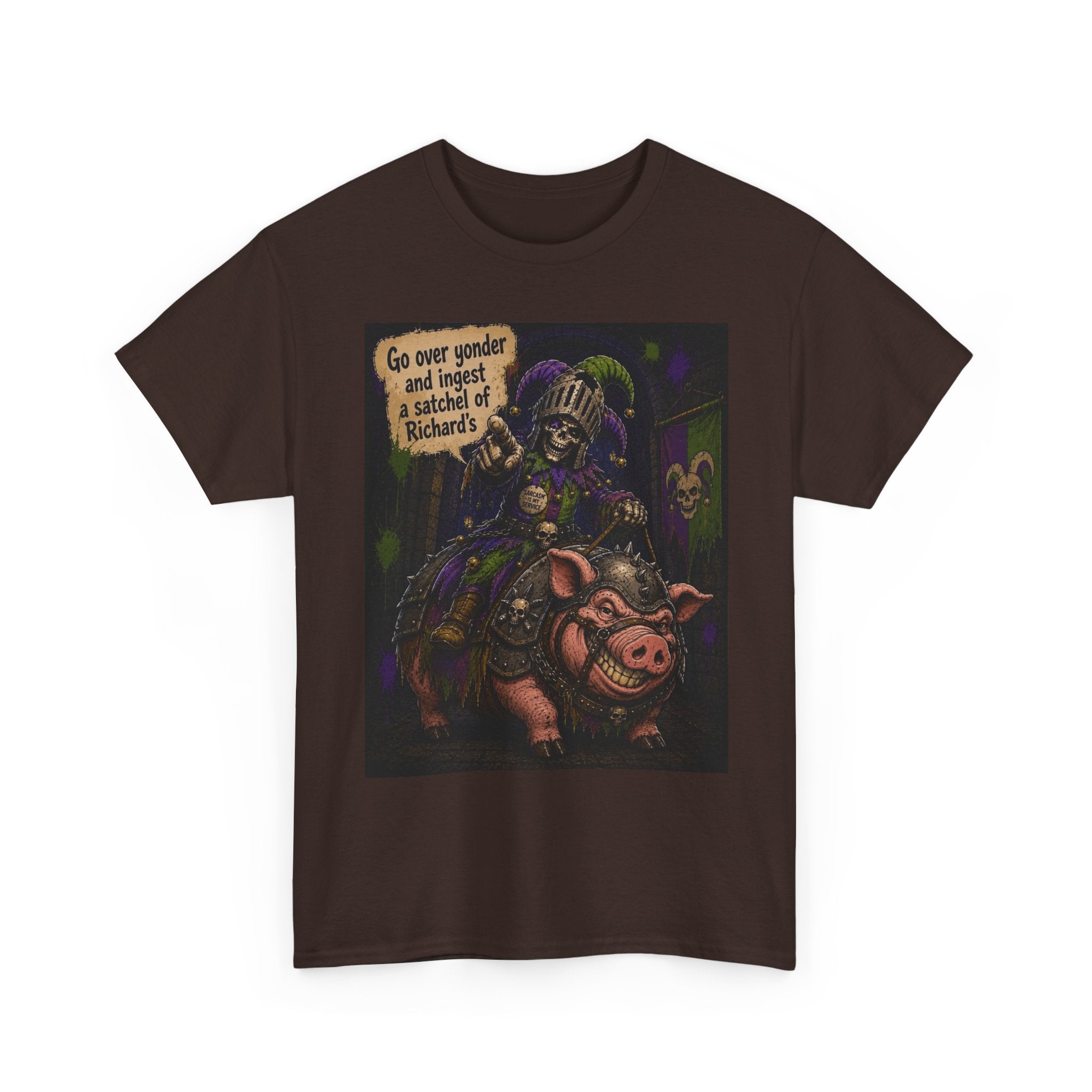 "Go Over Yonder & Ingest a School of Richards" Fantasy Skeleton Knight Riding Pig Dark Humor Graphic T-Shirt