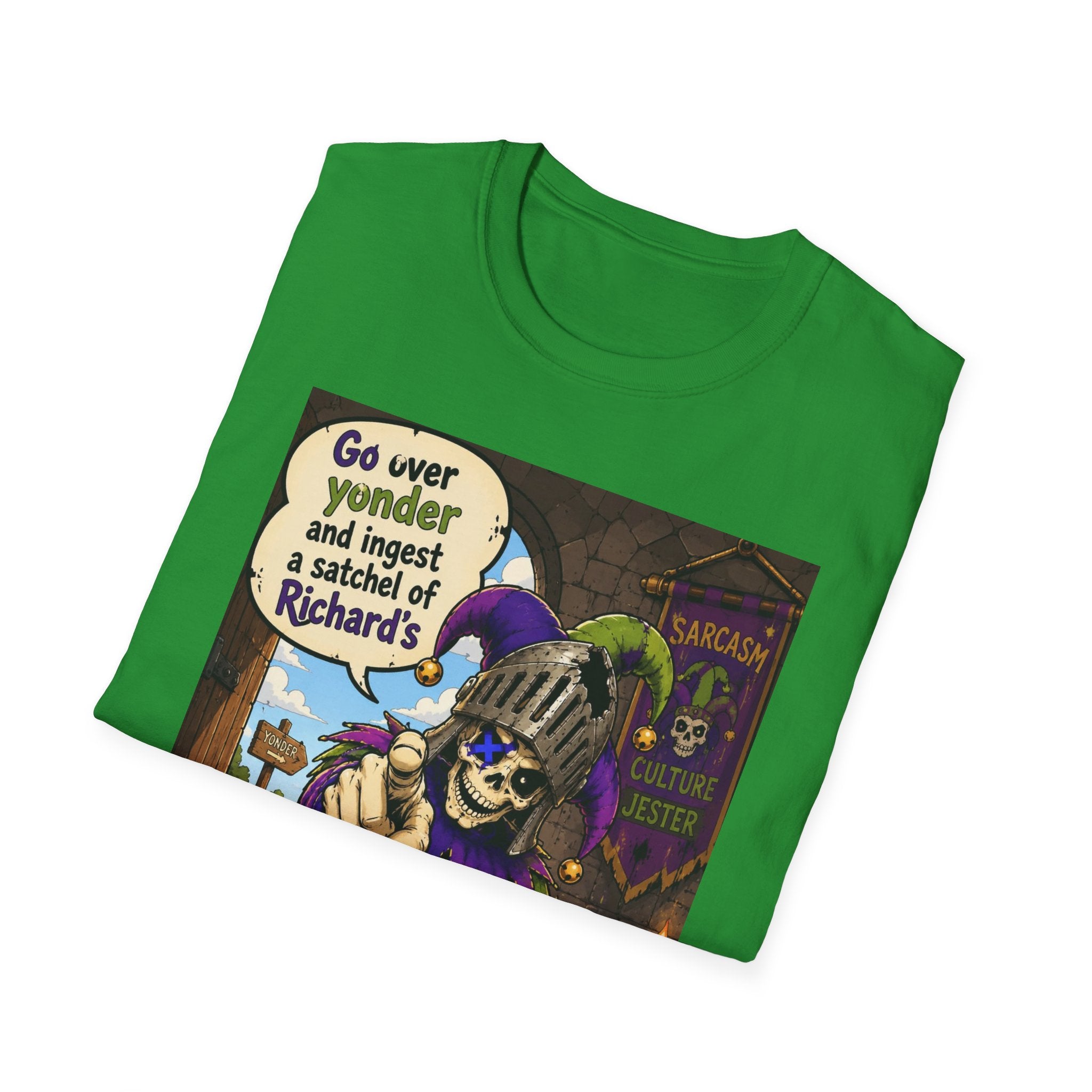 Funny Medieval Skeleton T‑Shirt – 'Go over yonder and ingest a satchel of Richard's' Graphic Tee