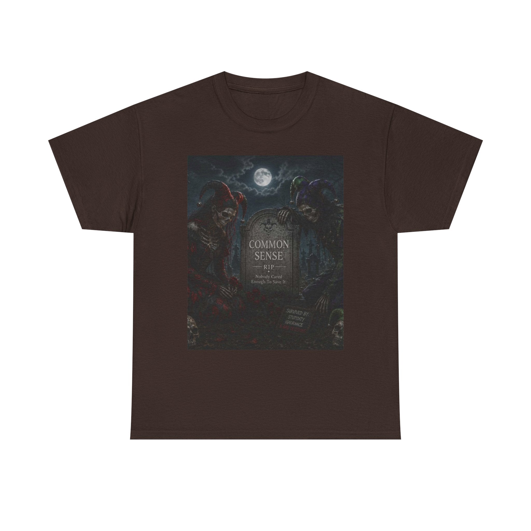 "Common Sense" Gothic Moon Dark Humor Graphic T-Shirt | Skeleton Jester