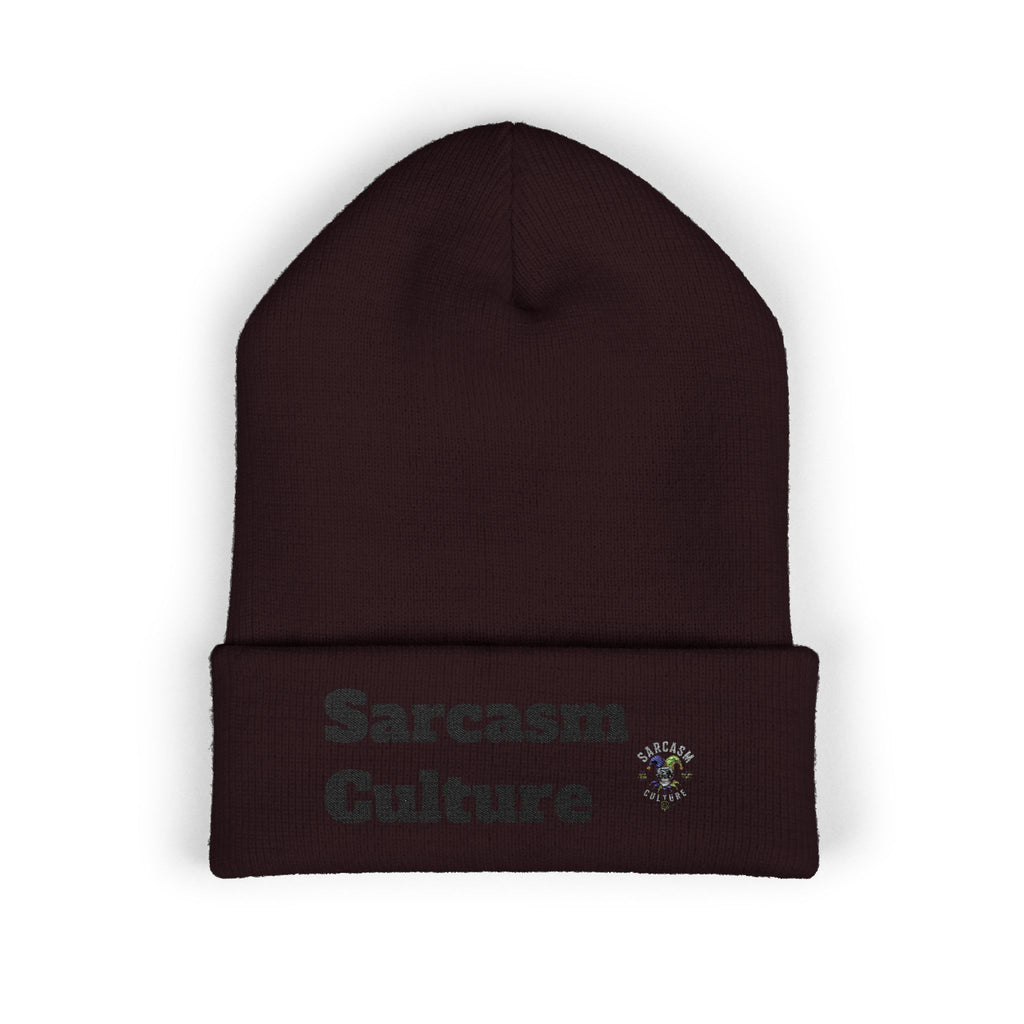 Sarcasm Culture Embroidered Cuffed Beanie — Olive Knit Winter Hat