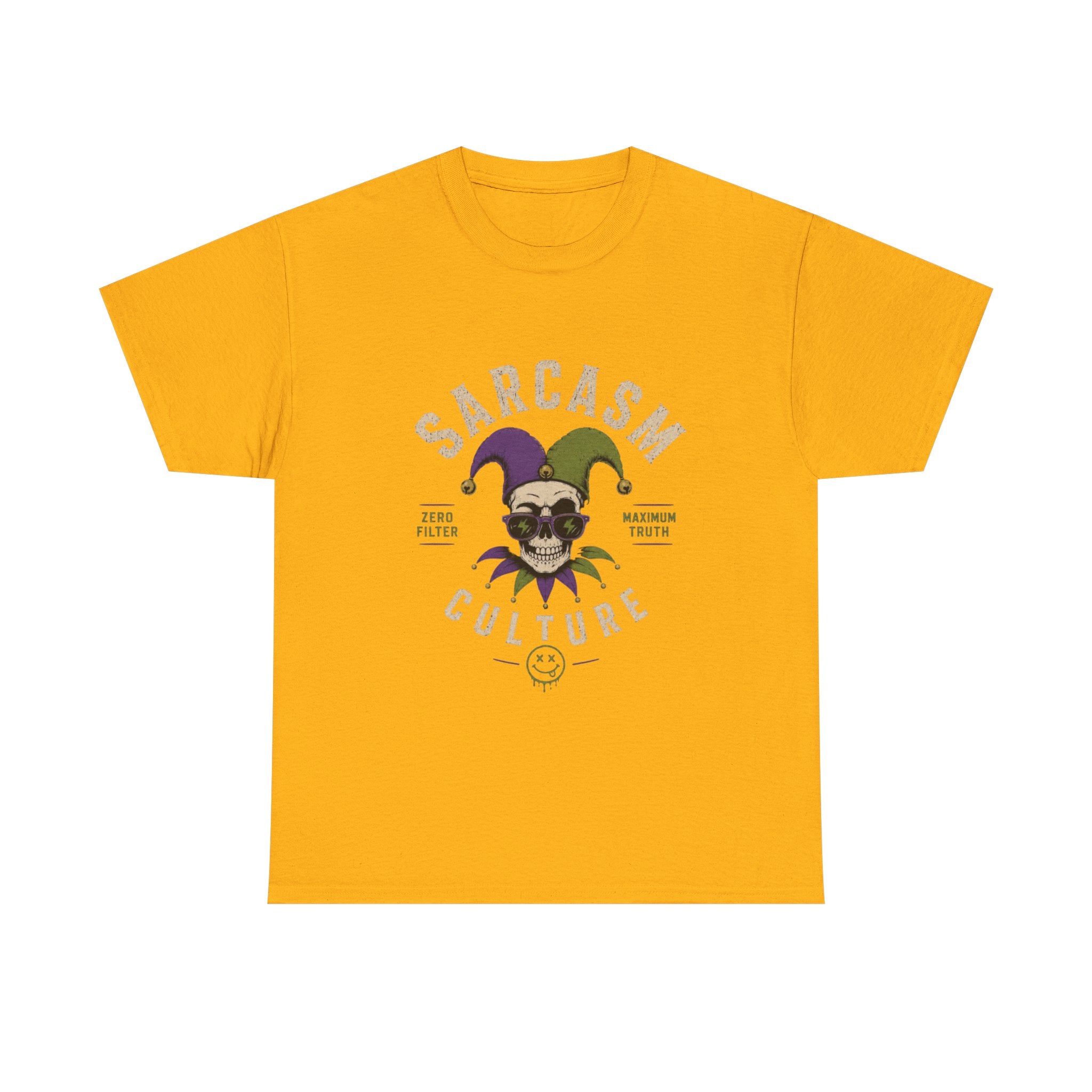 Sarcasm Culture Jester Tee — Skeleton Jester Emblem Dark Humor Graphic T-Shirt