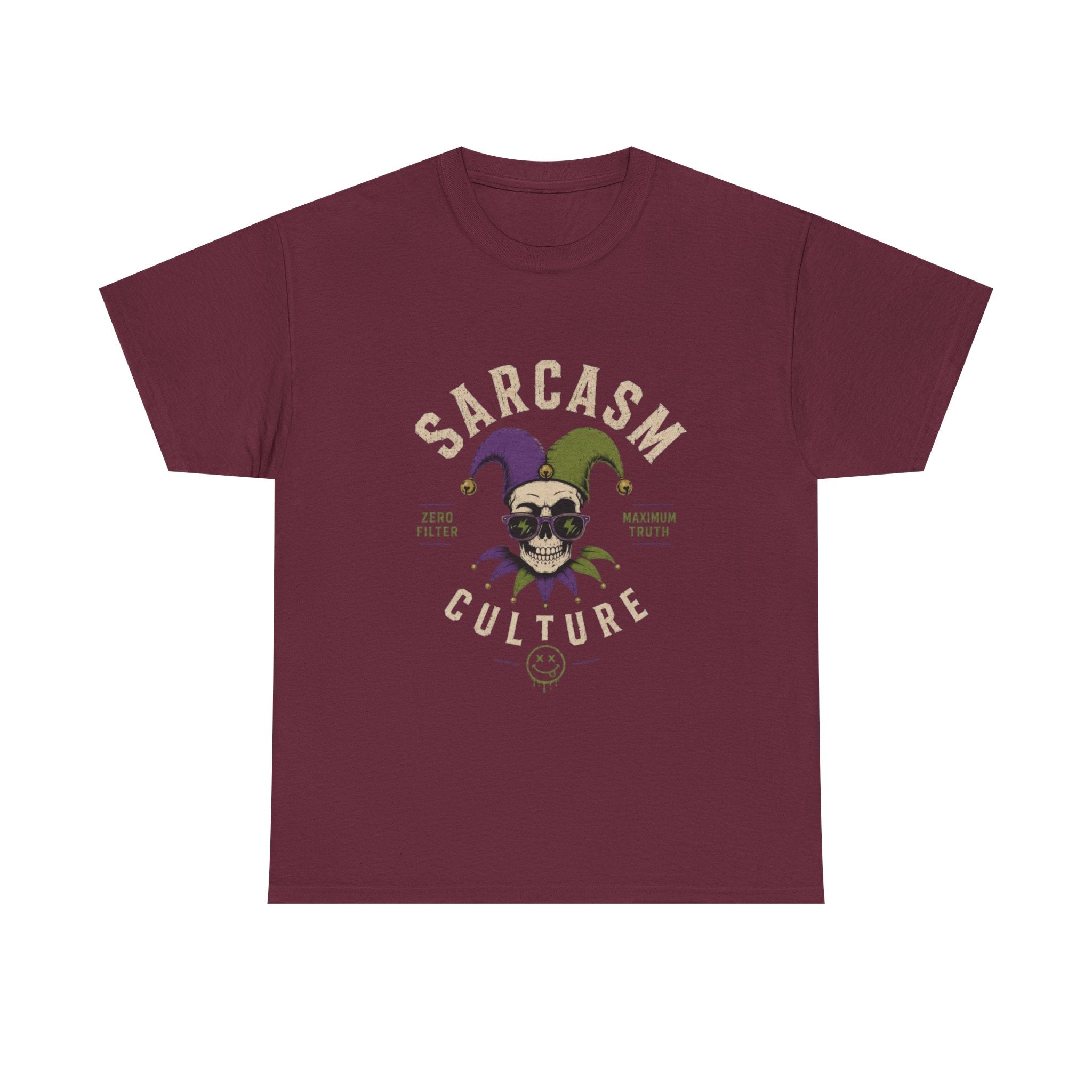 Sarcasm Culture Jester Tee — Skeleton Jester Emblem Dark Humor Graphic T-Shirt