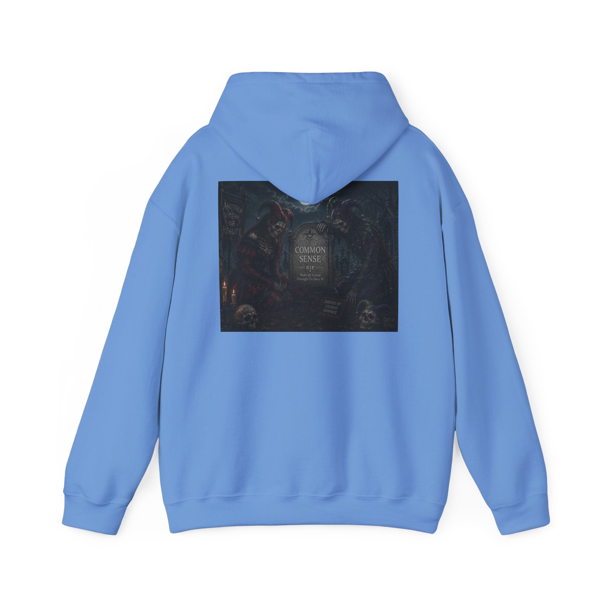 Sarcasm & Caution Hoodie — 'End of Common Sense' Skeleton Jester Duo Graphic Pullover