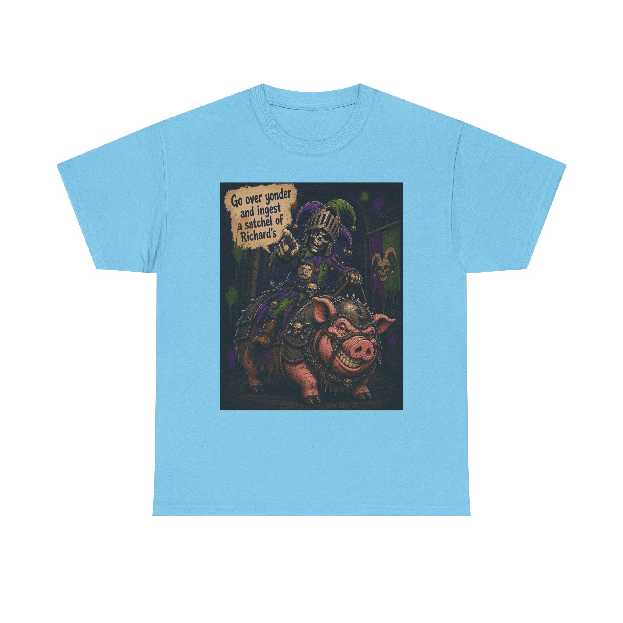 "Go Over Yonder & Ingest a School of Richards" Fantasy Skeleton Knight Riding Pig Dark Humor Graphic T-Shirt