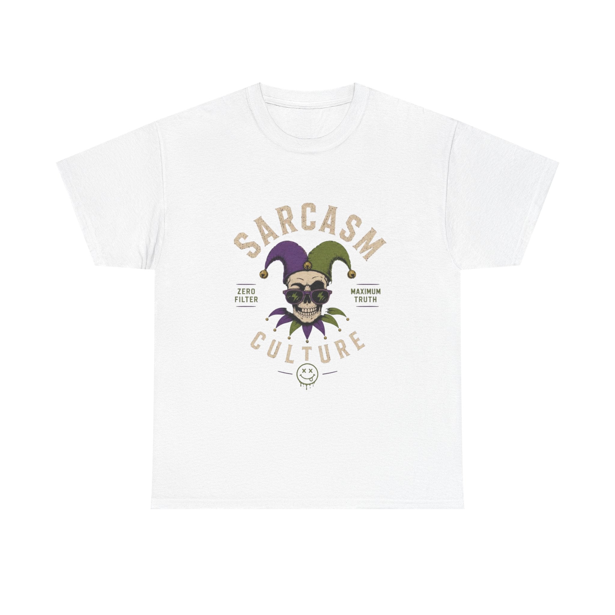 Sarcasm Culture Jester Tee — Skeleton Jester Emblem Dark Humor Graphic T-Shirt
