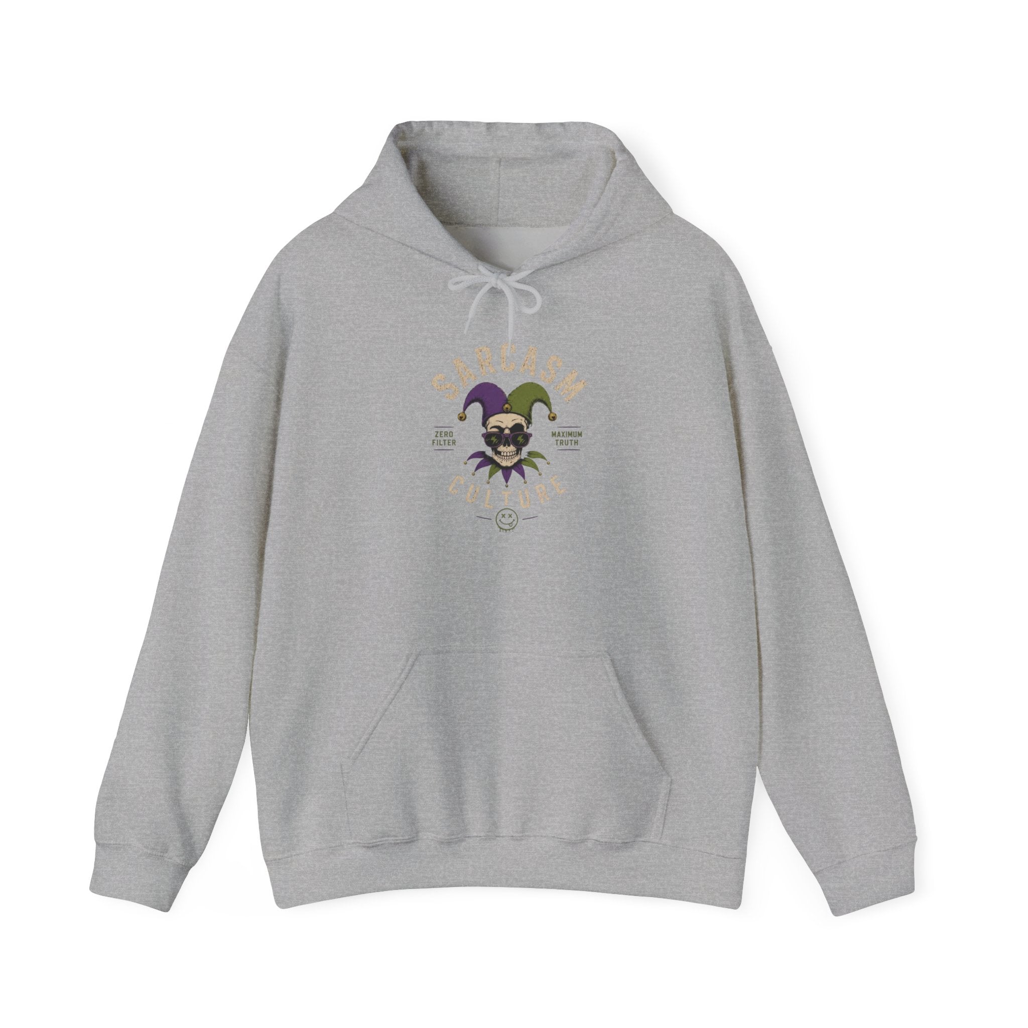 Sarcasm & Caffeine Hoodie — 'Keep Calm with Food and Coffee' Skeleton Jester Graphic Sweatshirt