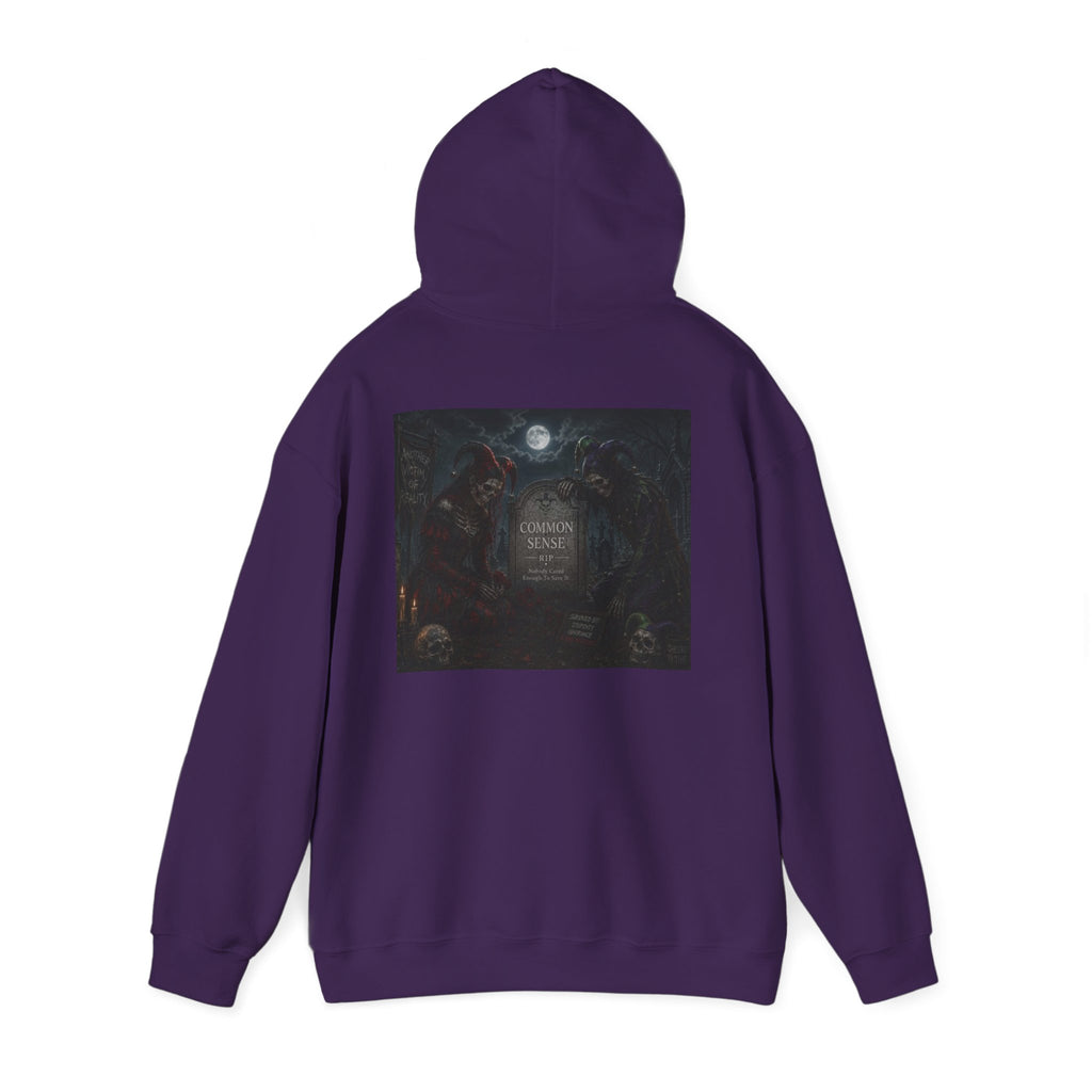 Sarcasm & Caution Hoodie — 'End of Common Sense' Skeleton Jester Duo Graphic Pullover
