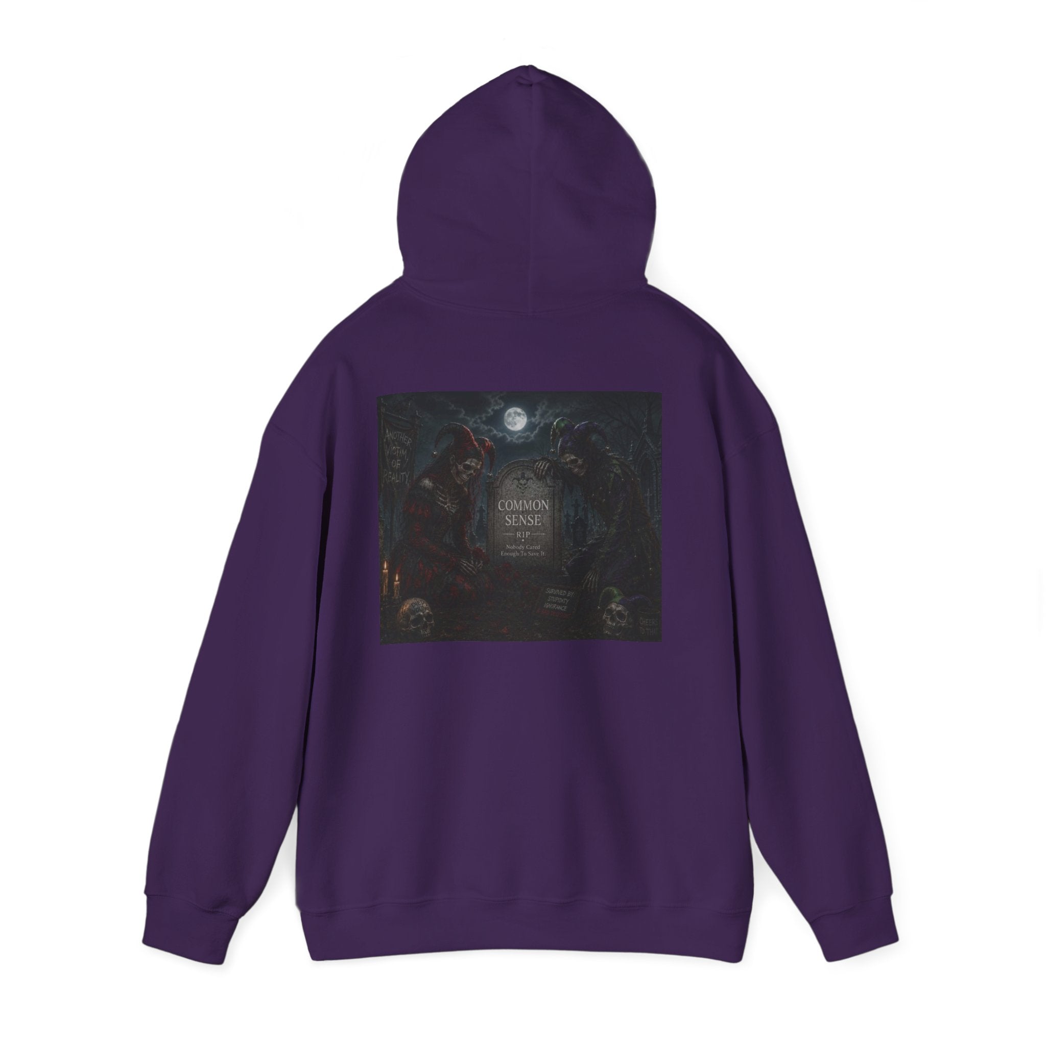 Sarcasm & Caution Hoodie — 'End of Common Sense' Skeleton Jester Duo Graphic Pullover