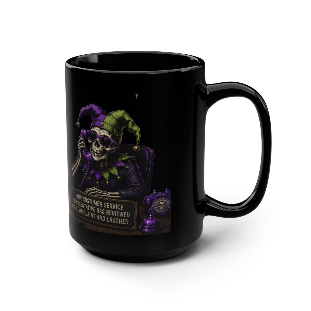Black Ceramic Mug — Jester Skull Customer Service Design (15oz)