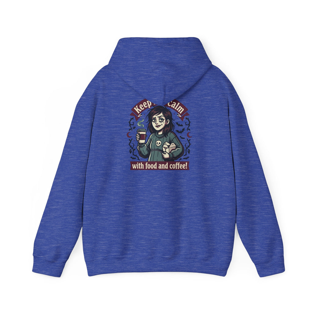 Sarcasm & Caffeine Hoodie — 'Keep Calm with Food and Coffee' Skeleton Jester Graphic Sweatshirt